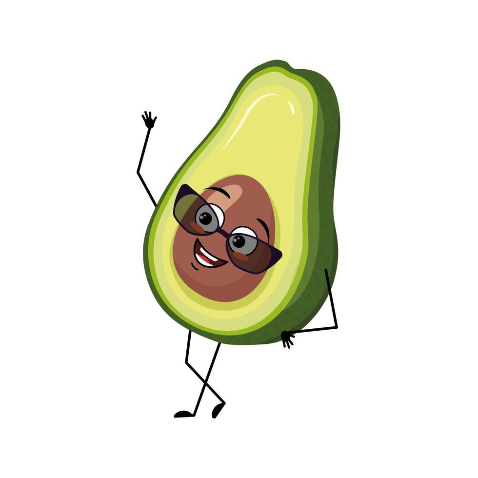 Avocado-Charakter mit glücklicher Emotion mit Brille, fröhlichem Gesicht, lächelnden Augen, Armen und Beinen. person mit ausdruck, gemüse- oder obst-emoticon. flache vektorillustration vektor