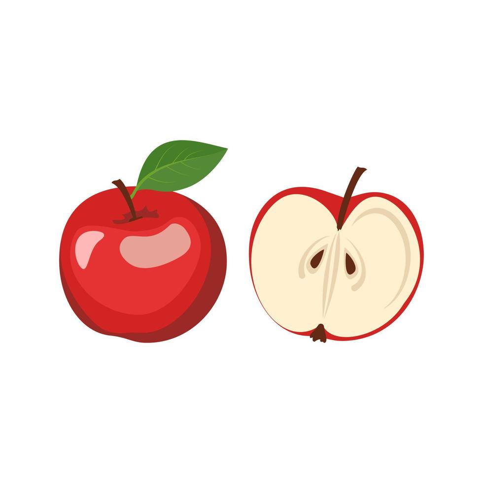rött äpple ikoner set. hela frukter och halvor med frön och blad. mat för hälsosam kost. sött mellanmål. platt vektor illustration