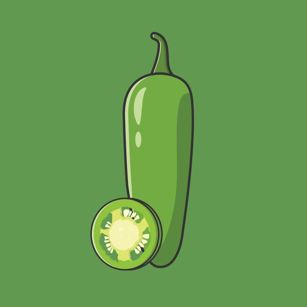 flacher Cartoon-Jalapeno-Vektor. heiße grüne Chilischote auf grünem Hintergrund. mexikanisches Gewürz vektor