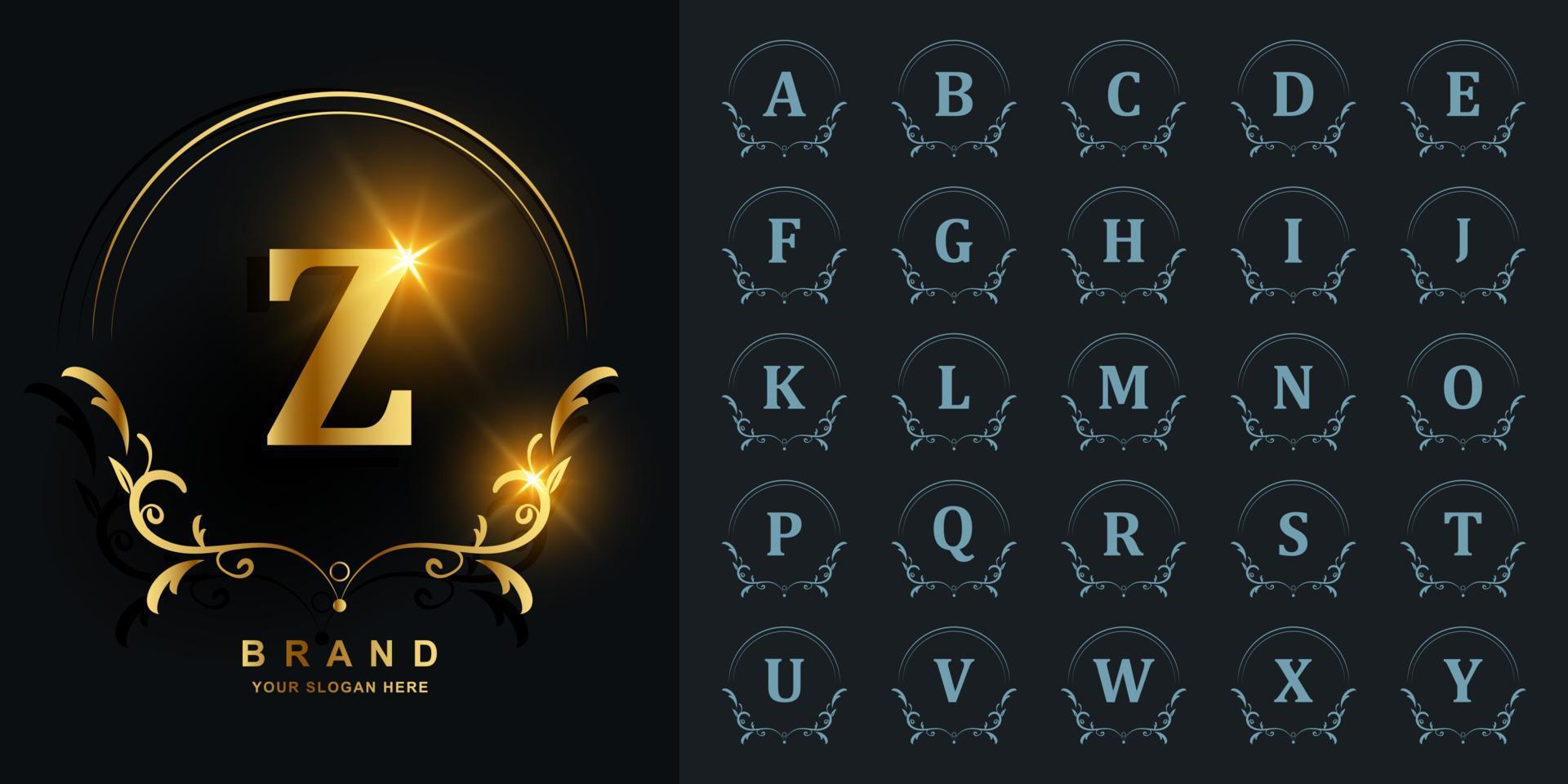 lyx prydnad eller blommig ram initiala alfabetet gyllene logotyp mall. vektor