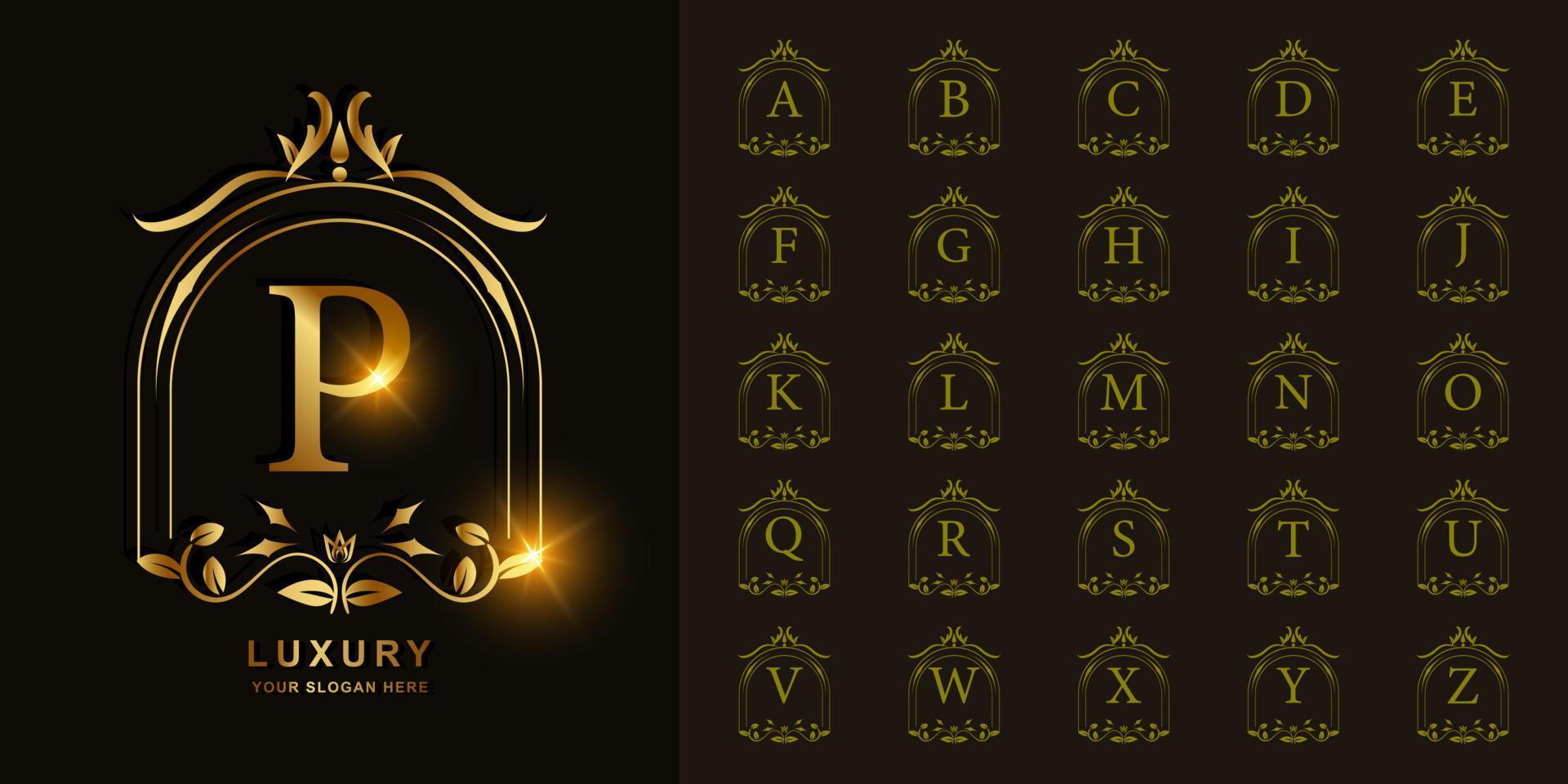 bokstaven p eller samling initiala alfabetet med lyx prydnad blommig ram gyllene logotyp mall. vektor