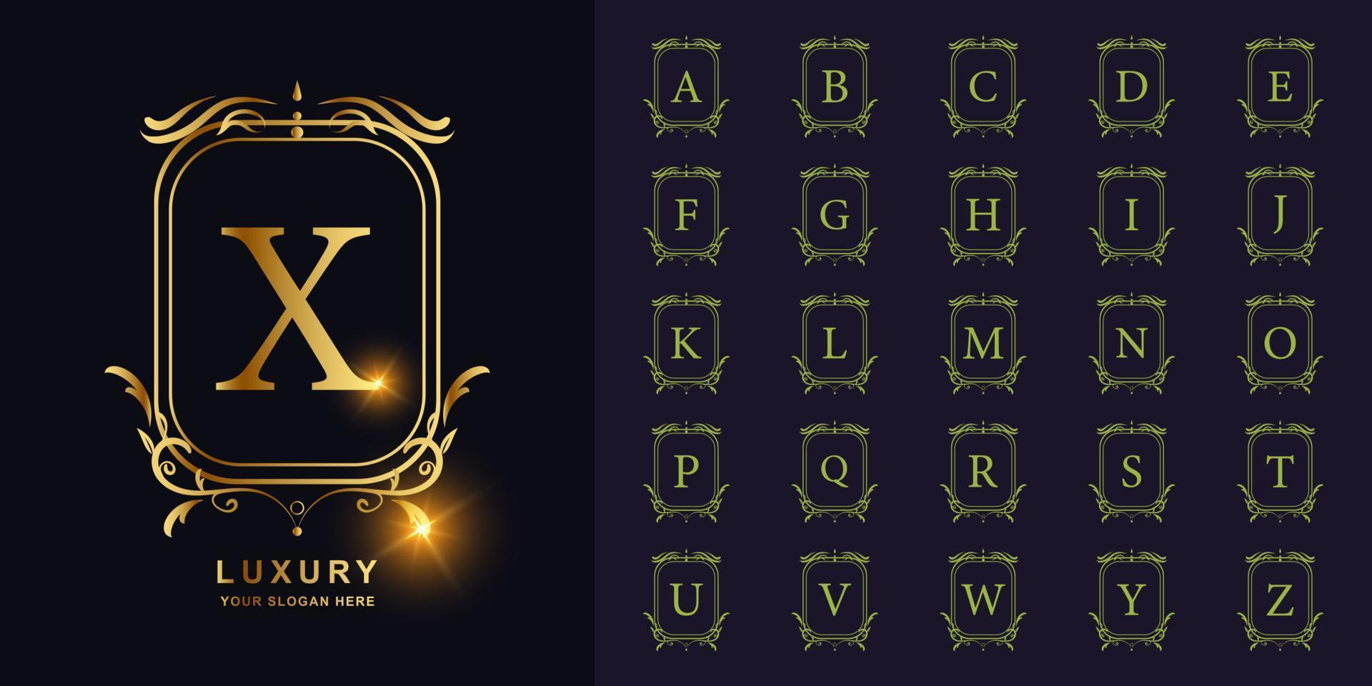 bokstaven x eller samling initiala alfabetet med lyx prydnad blommig ram gyllene logotyp mall. vektor