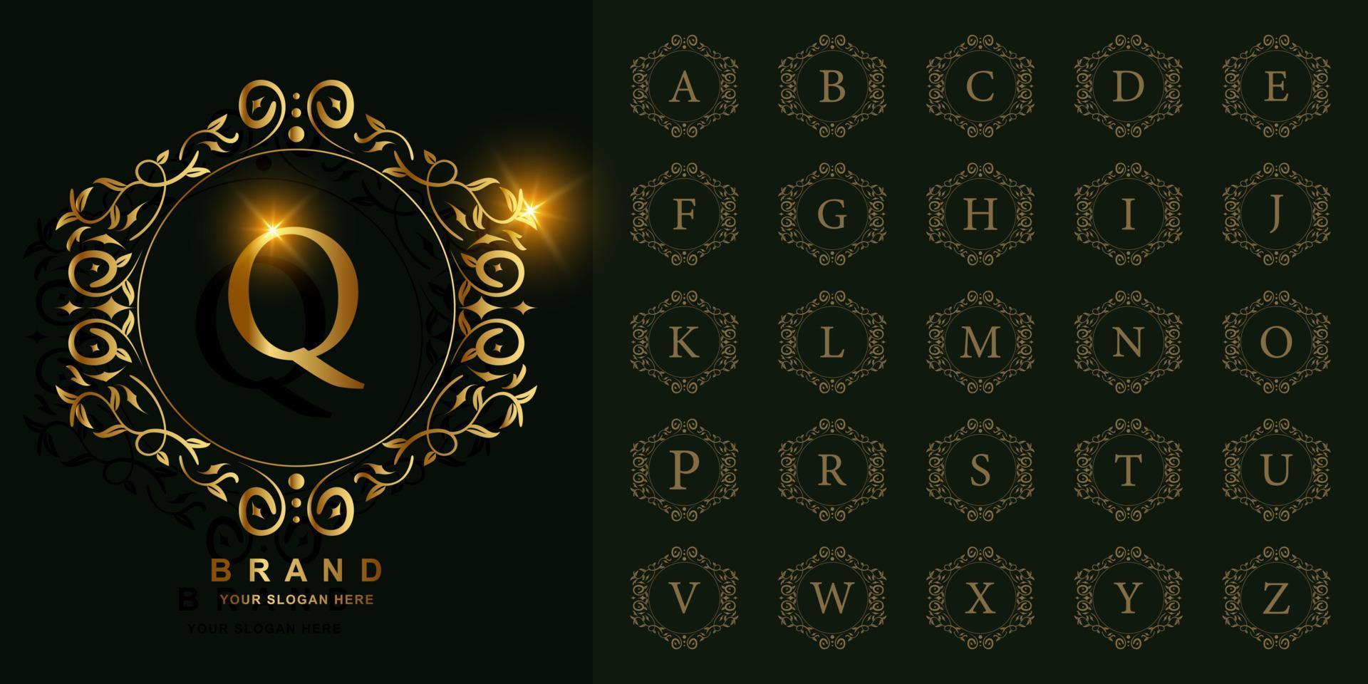 samling första alfabetet med lyx prydnad eller blommig ram gyllene logotyp mall. vektor