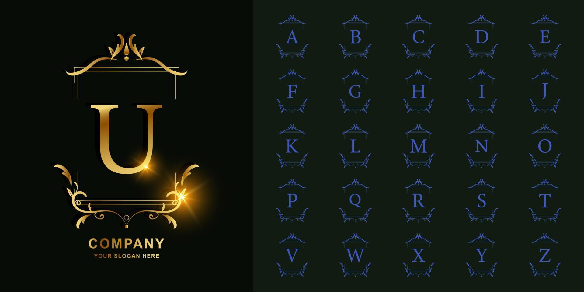 bokstaven u eller samling initiala alfabetet med lyx prydnad blommig ram gyllene logotyp mall. vektor
