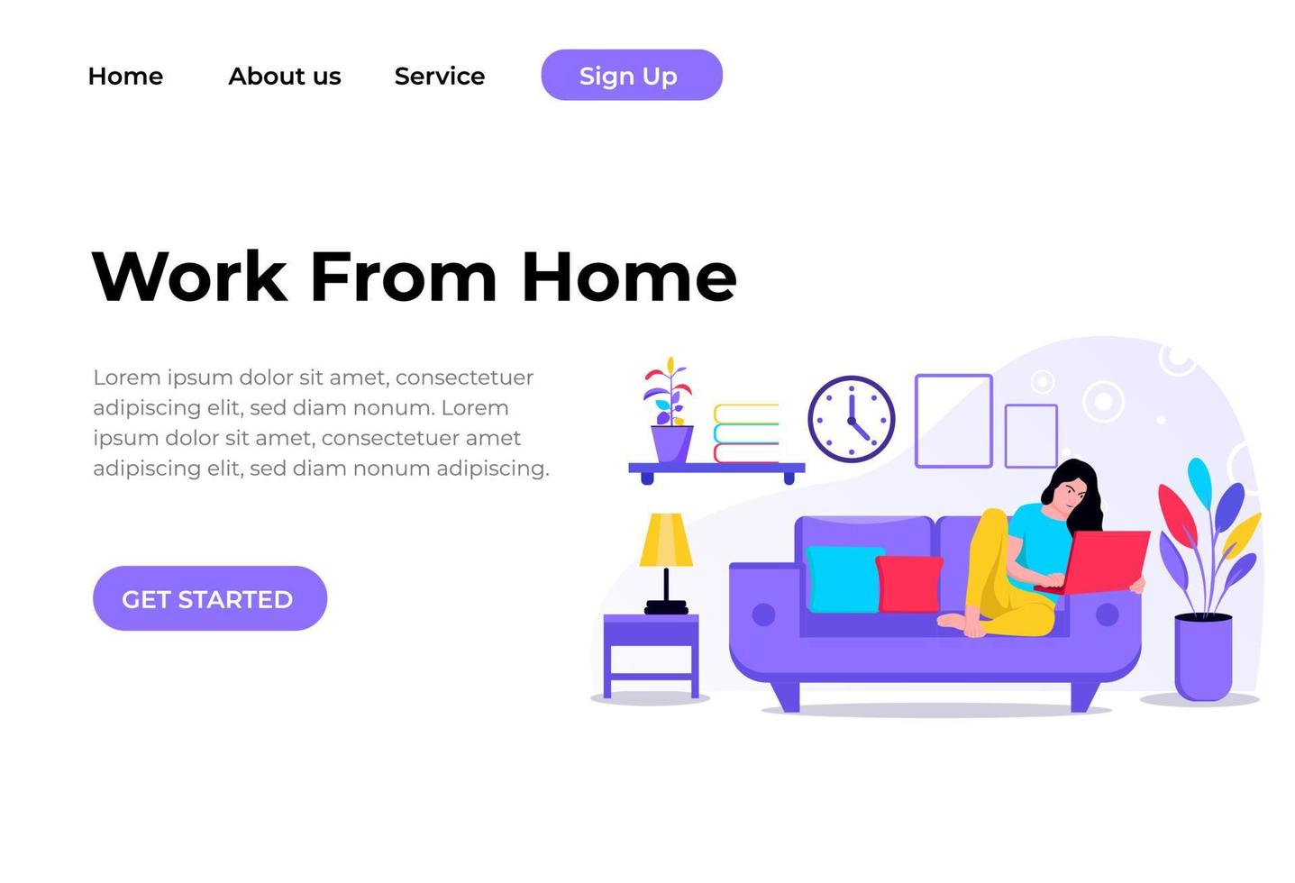 kvinna, sitter på soffan med laptop. arbeta hemifrån koncept. vektor illustration i platt stil. landningssida