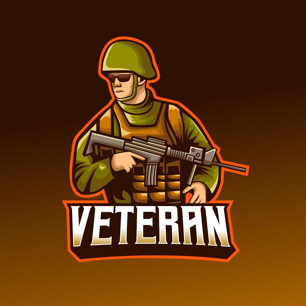 Veteranen-Soldat mit Scharfschützen-Maskottchen-Logo-Design. vektor