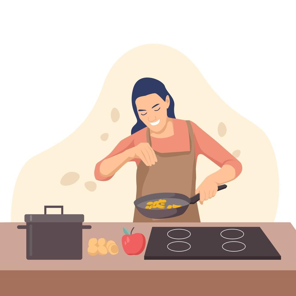 vektor handgezeichnete illustration. Ein Mädchen in einer Schürze kocht.