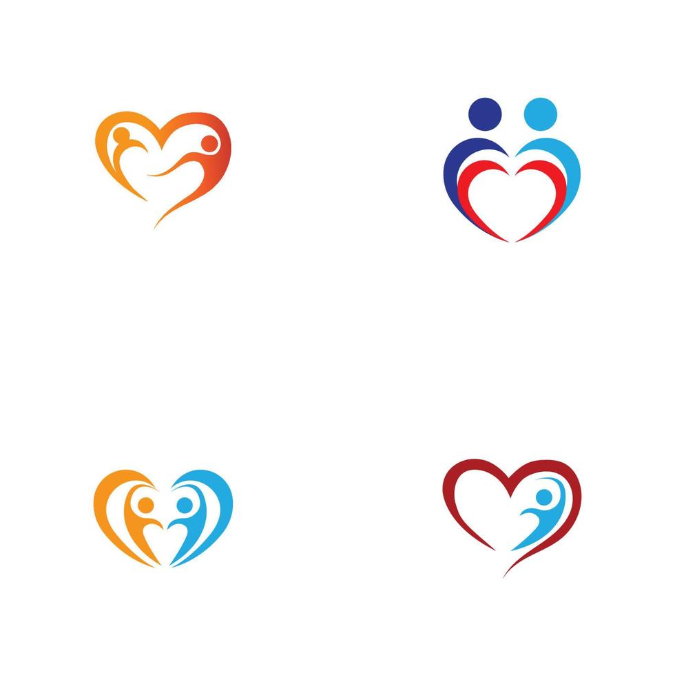 hjärta logotyp och människor design, välgörenhet och stöd vektor koncept, kärlek och lyckligt liv vektorillustration.