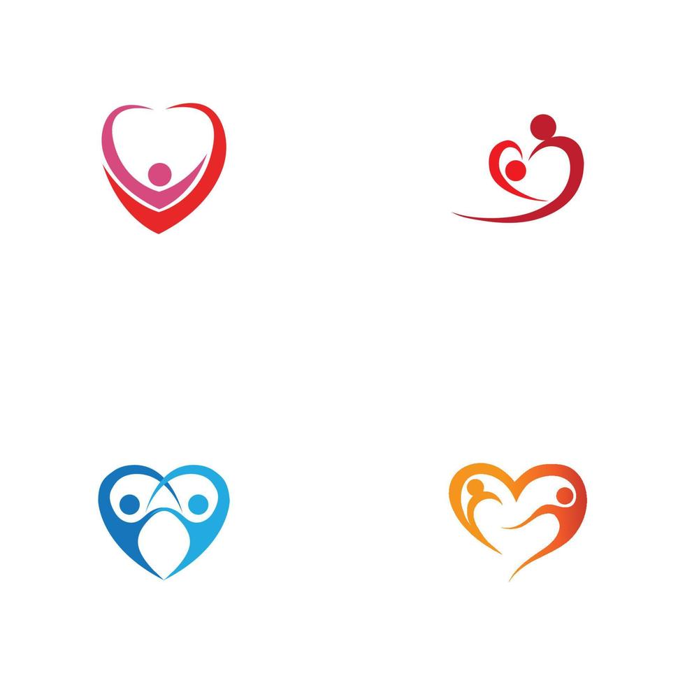 hjärta logotyp och människor design, välgörenhet och stöd vektor koncept, kärlek och lyckligt liv vektorillustration.