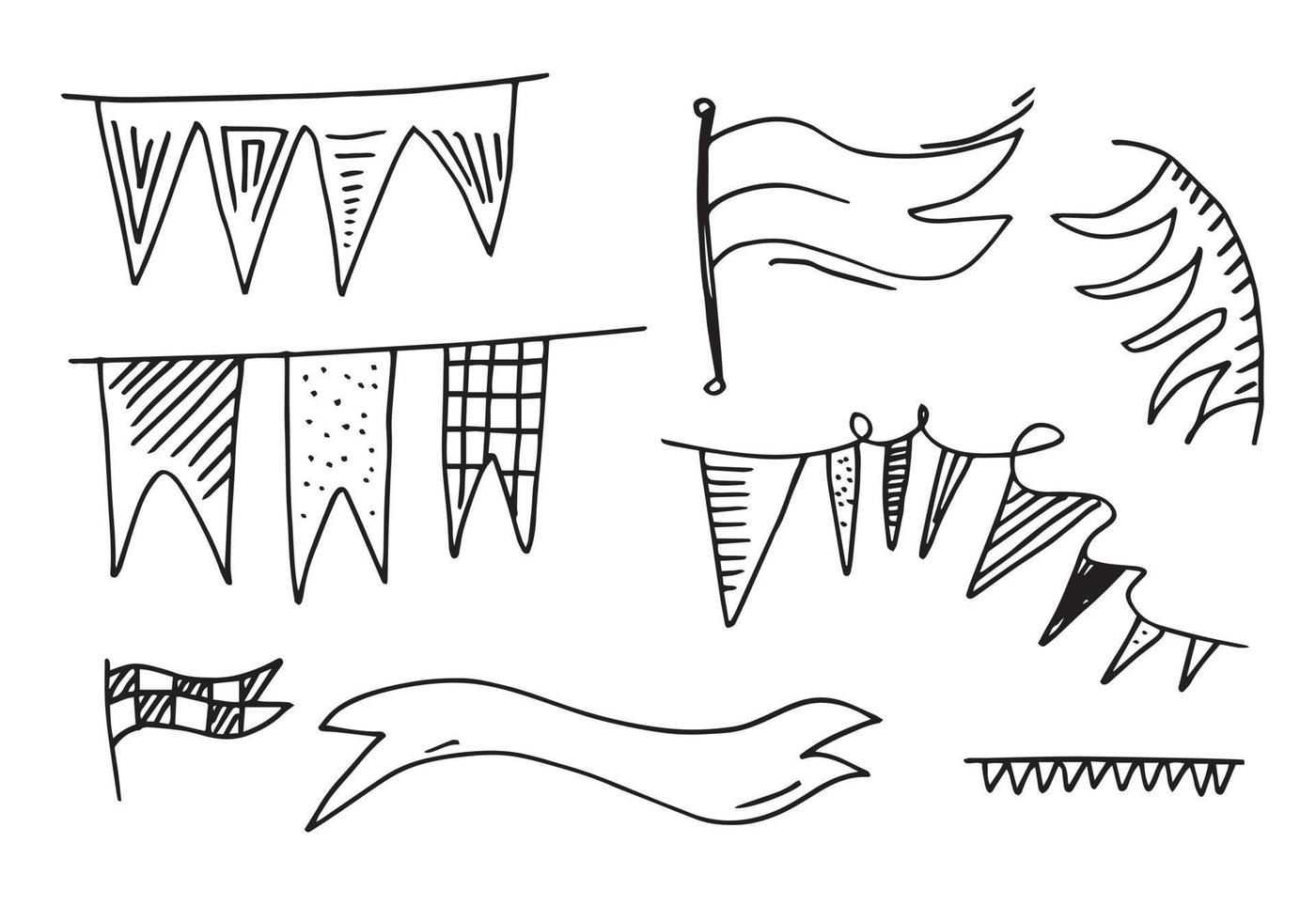 handritad doodle bunting flaggor set. vektor skiss.
