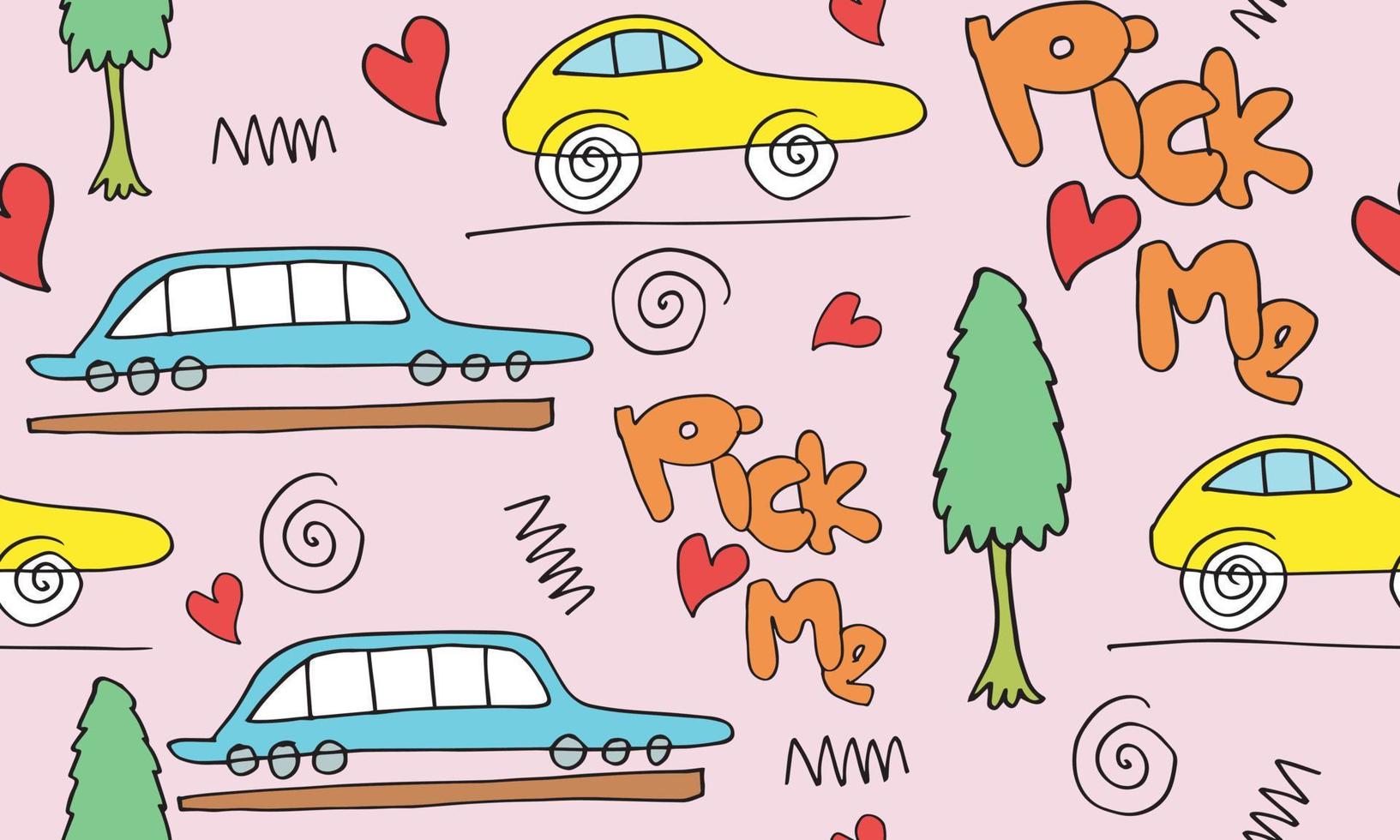 tecknad transportbakgrund för barn med doodle leksaksbilar och natur med plocka mig text och träd. vektor