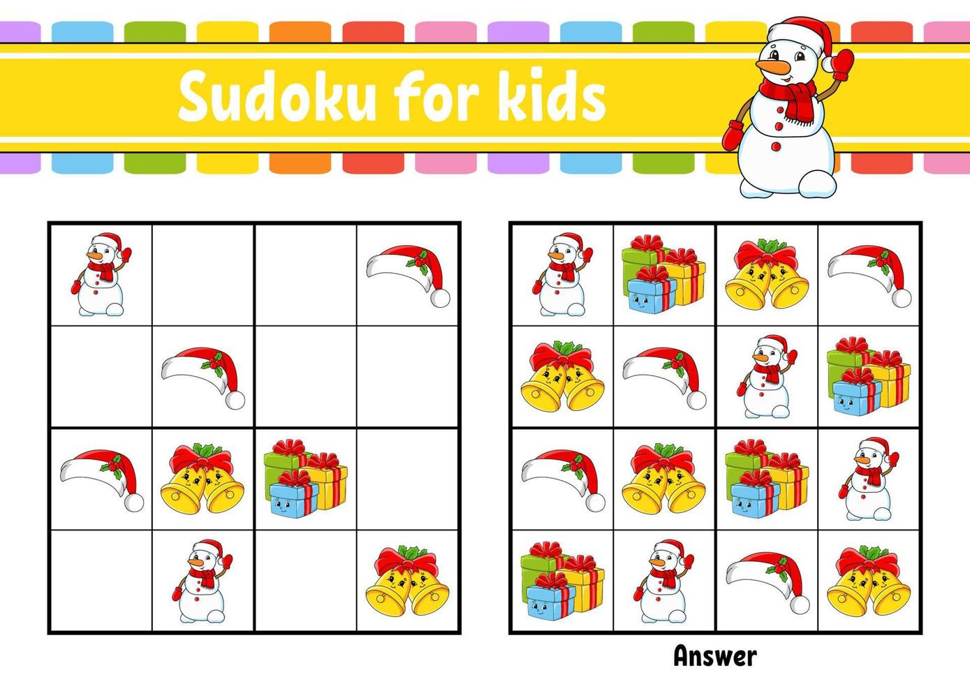 Sudoku für Kinder. arbeitsblatt zur bildungsentwicklung. Zeichentrickfigur. Aktivitätsseite in Farbe. Puzzlespiel für Kinder. Weihnachtsthema. isolierte Vektorillustration. vektor