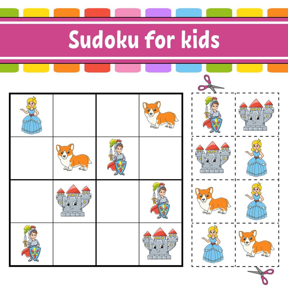 Sudoku für Kinder. Märchenthema. Arbeitsblatt zur Bildungsentwicklung. Aktivitätsseite mit Bildern. Puzzle-Spiel für Kinder. isolierte Vektor-Illustration. lustiger Charakter. Cartoon-Stil. vektor