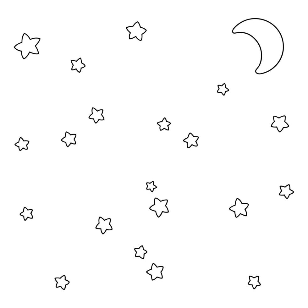Sternennacht und Mond. Malbuchseite für Kinder. Zeichentrickfigur. Vektor-Illustration isoliert auf weißem Hintergrund. vektor