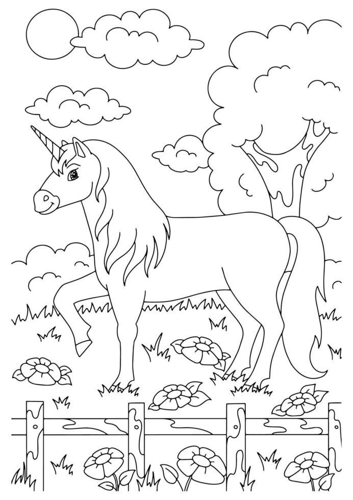söt enhörning. magisk älvhäst. sida för målarbok för barn. tecknad stil. vektorillustration isolerad på vit bakgrund. vektor