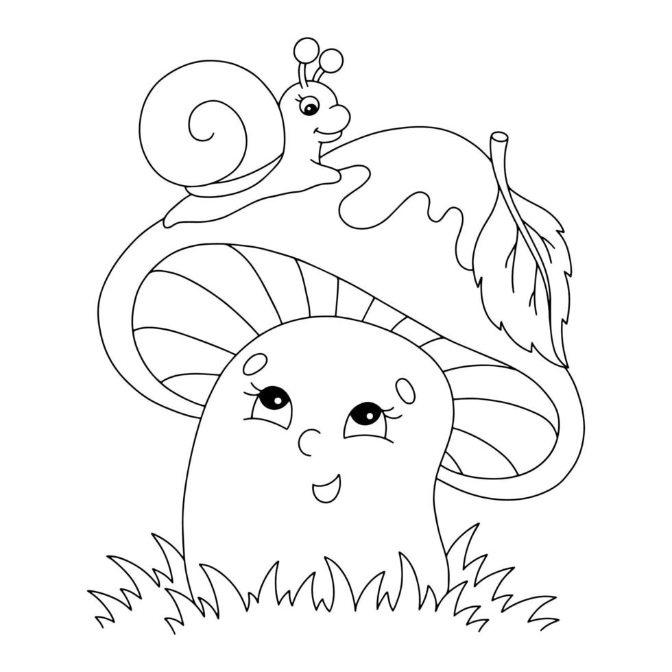 Malbuchseite für Kinder. Zeichentrickfigur. Pilz und Schnecke. Vektor-Illustration isoliert auf weißem Hintergrund. vektor
