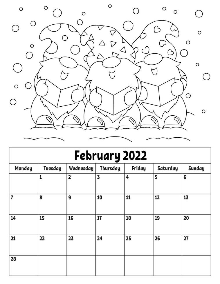 Vertikaler Kalender für 2022 mit niedlichem Charakter. Malvorlagen für Kinder. Woche beginnt am Montag. isolierte Vektorillustration. Cartoon-Stil. vektor