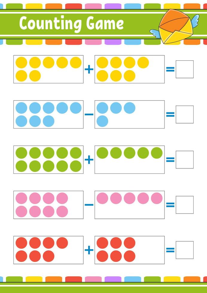 addition och subtraktion. uppgift för barn. utbildning som utvecklar arbetsblad. aktivitetsfärgsida. spel för barn. rolig karaktär. isolerad vektor illustration. tecknad stil.