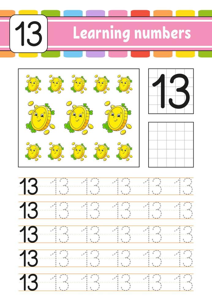 Zahlen verfolgen und schreiben. Handschrift üben. zahlen lernen für kinder. arbeitsblatt zur bildungsentwicklung. st. Patricks Tag. Aktivitätsseite. isolierte vektorillustration im niedlichen karikaturstil. vektor