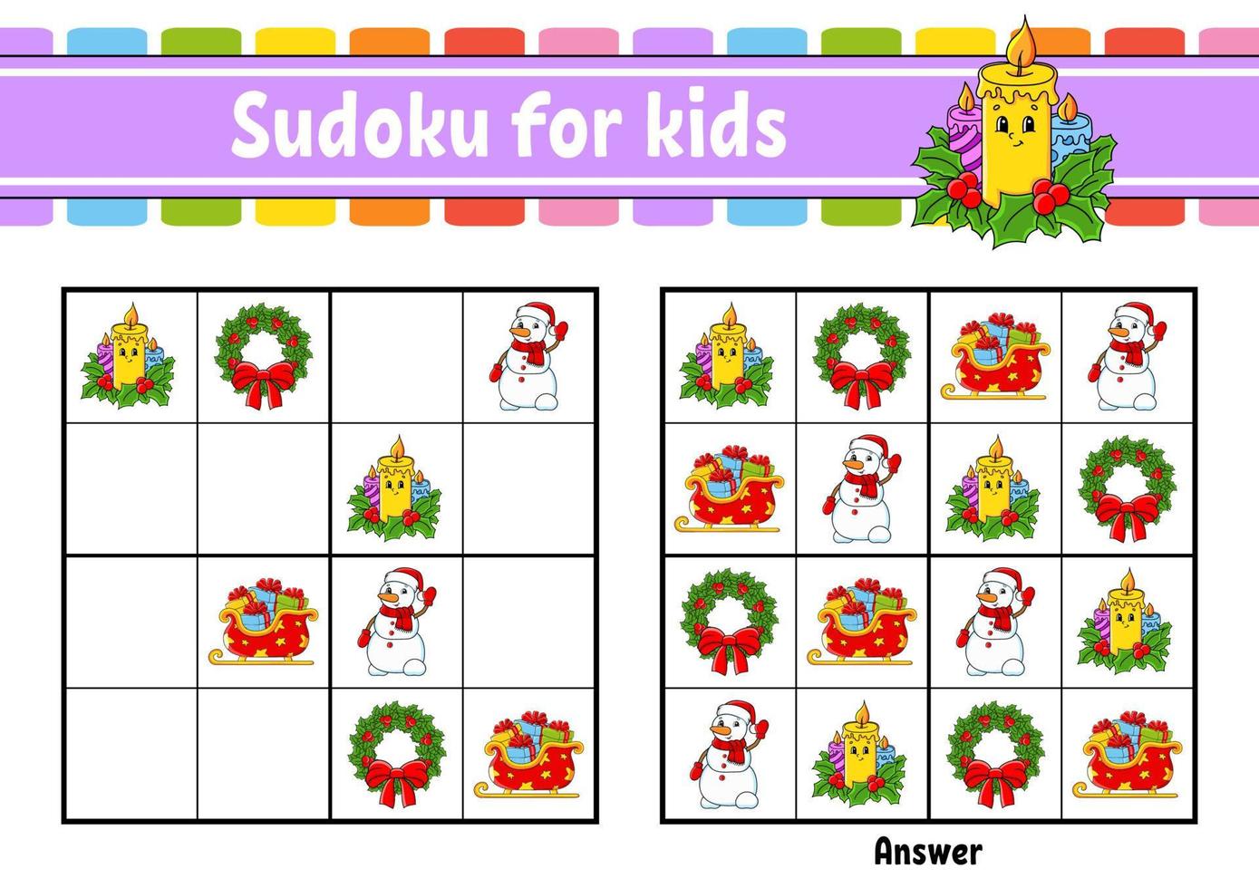 Sudoku für Kinder. arbeitsblatt zur bildungsentwicklung. Zeichentrickfigur. Aktivitätsseite in Farbe. Puzzlespiel für Kinder. Weihnachtsthema. isolierte Vektorillustration. vektor