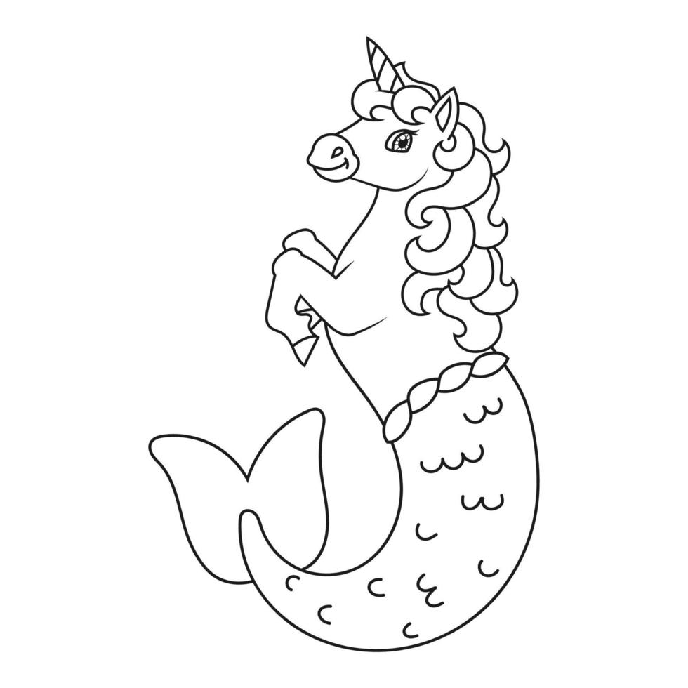 söt sjöjungfru enhörning. magisk älvhäst. sida för målarbok för barn. tecknad stil. vektorillustration isolerad på vit bakgrund. vektor