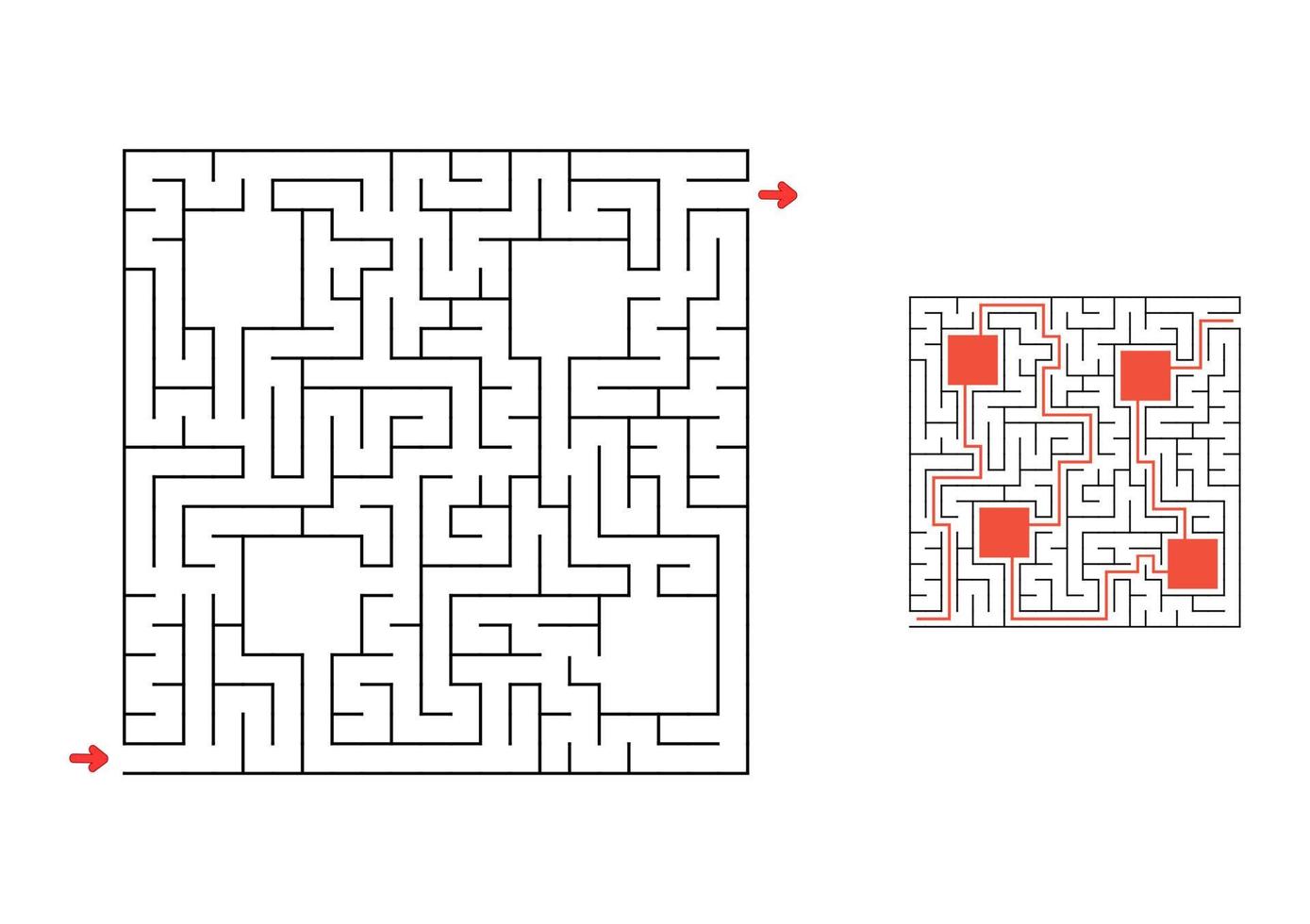 quadratisches Labyrinth mit Antwort. Spiel für Kinder. Puzzle für Kinder. Labyrinth Rätsel. den richtigen Weg finden. vektor