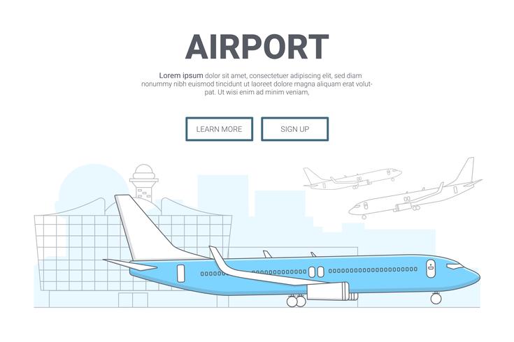 Landschaftsflugzeug auf Flughafenhintergrund. Design für Landingpage-Website. Deine Linie Kunst vektor