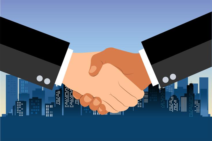 Skakande hand platt designkoncept. Handslag, affärsavtal. partnerskapskoncept. Två händer av affärsman skakning. Vektor illustration på blå stadsstaden bakgrund.