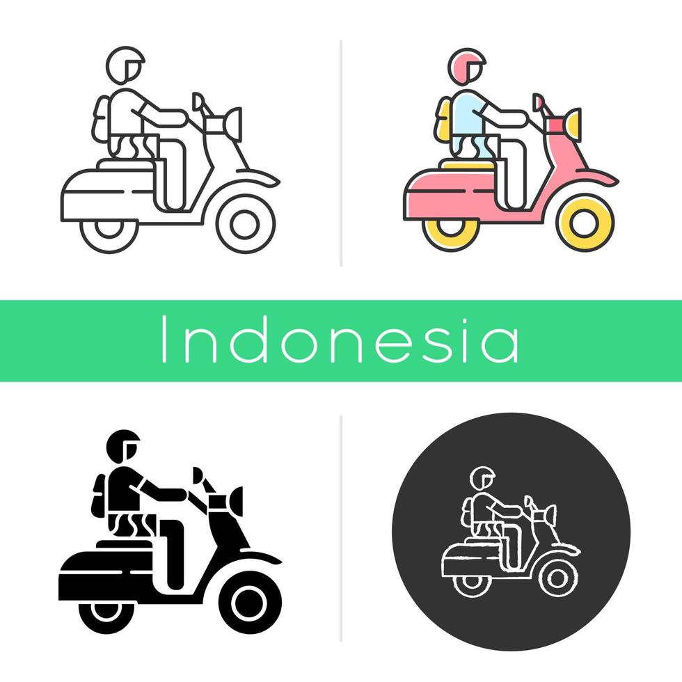 Motorrad-Symbol. Rollerfahrer auf Bali. Indonesien mit dem Motorrad durchqueren. Roller-Roadtrip. Transport in Indonesien. lineare, schwarze, Kreide- und Farbstile. isolierte Vektorgrafiken vektor