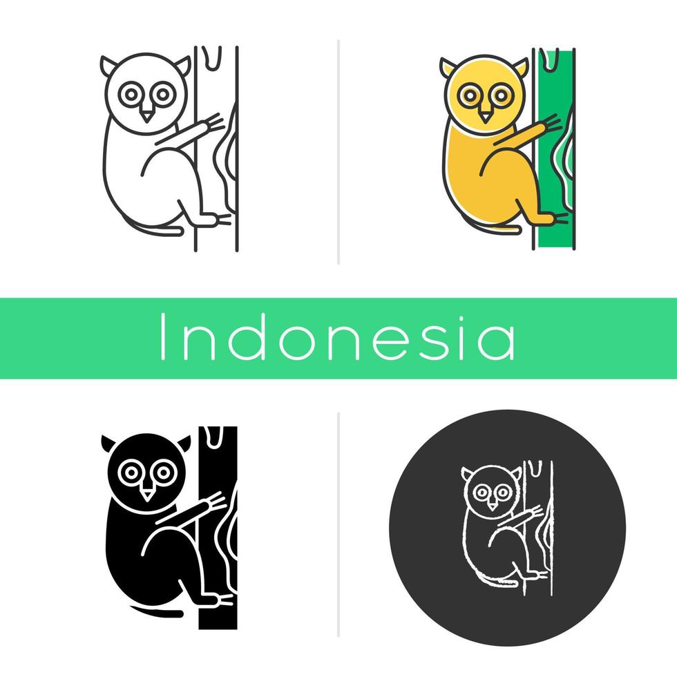 Tarsier-Symbol. tropische Landtiere, Säugetiere. Erkunden Sie die exotische Tierwelt der indonesischen Inseln. Primas auf Baum. lineare, schwarze, Kreide- und Farbstile. isolierte Vektorgrafiken vektor