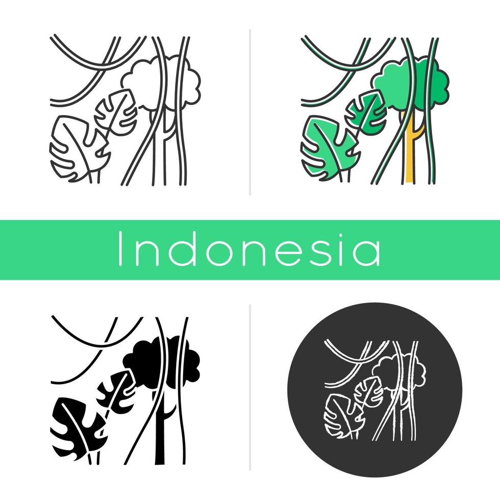 regnskog växter ikon. vintergröna skogsrankor. schweizisk ostplanta och lianer. resa till Indonesiens djungel. upptäck balis natur. linjära, svarta, krita och färgstilar. isolerade vektorillustrationer vektor