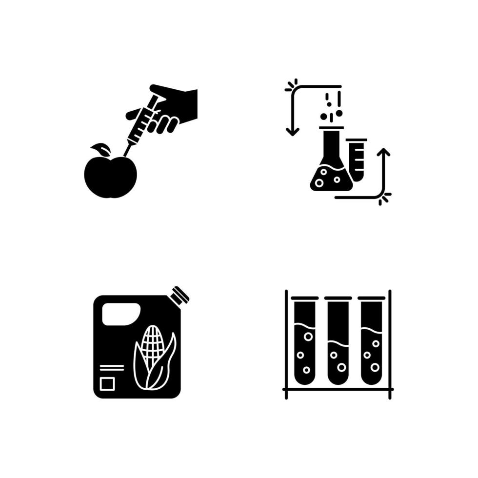 Glyphensymbole für Wissenschaft und Natur gesetzt. biotechnologische Produkte. Versuchsmethodik. im Labor arbeiten. Forschung in der organischen Chemie. Silhouettensymbole. vektor isolierte illustration