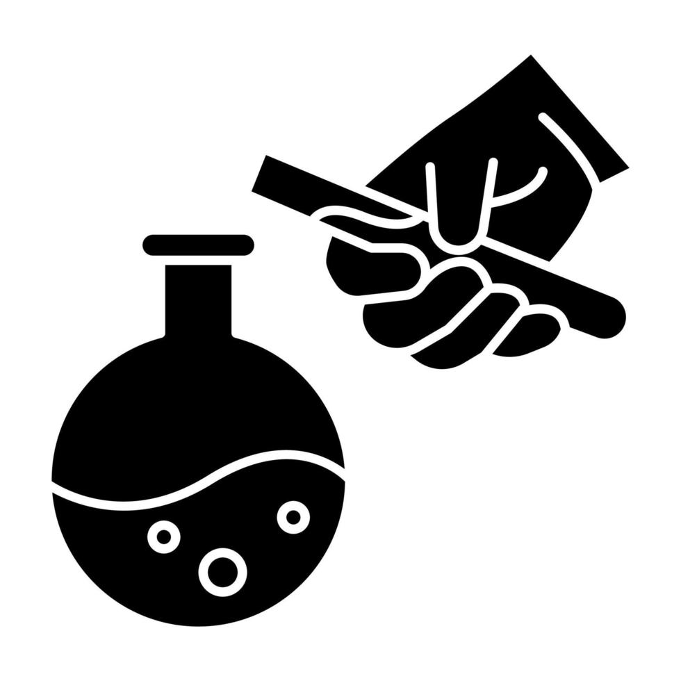 uppvärmning laboratorium kolv med ljus glyf ikon. labbexperiment. interaktion med kemikalier. organisk kemi forskning. siluett symbol. negativt utrymme. vektor isolerade illustration