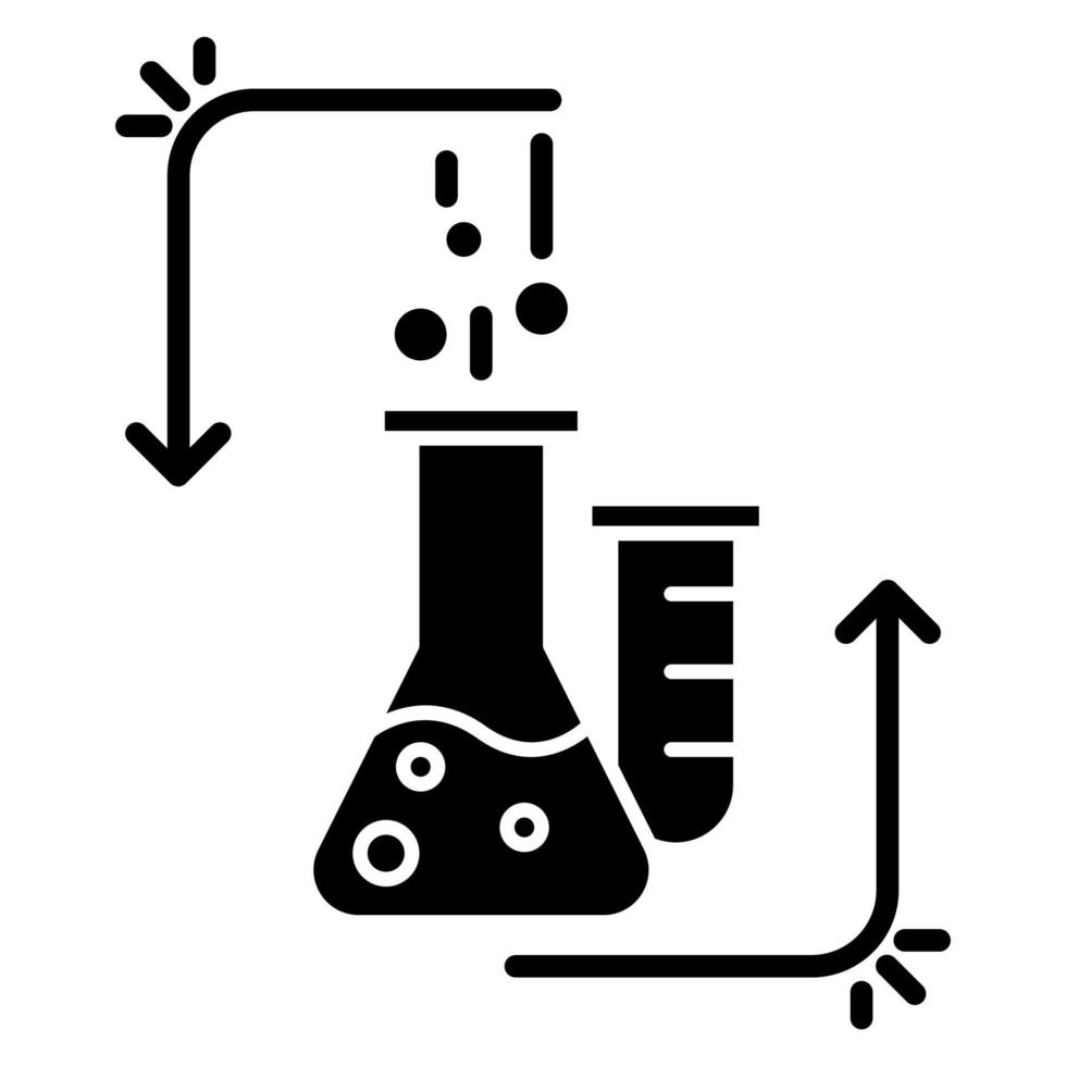 Chemische Reaktion im Laborkolben-Glyphen-Symbol. organische Chemie. Experiment durchführen. Labor arbeit. Wechselwirkung mit Chemikalien. Silhouettensymbol. negativer Raum. vektor isolierte illustration