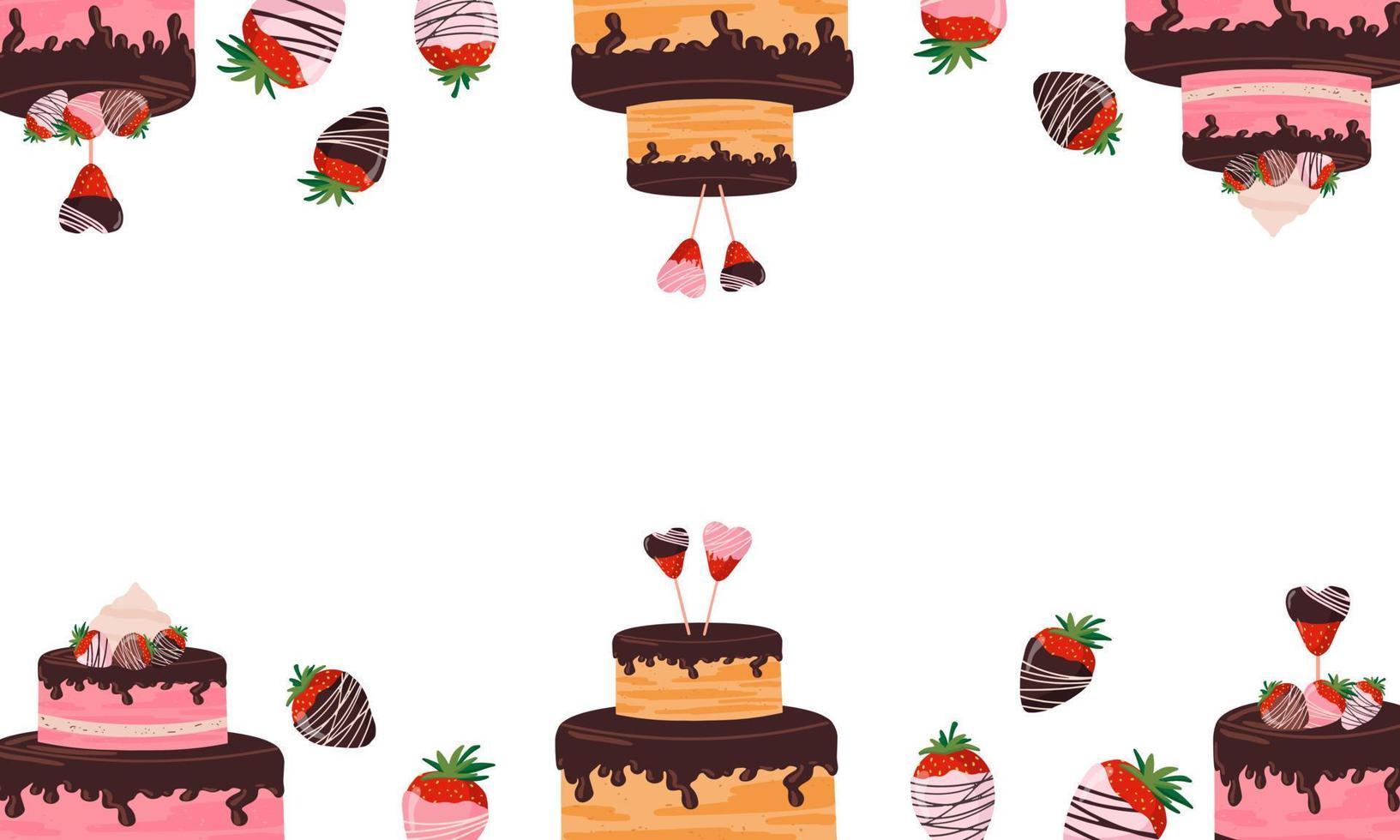 valentinstagbanner mit schokoladenerdbeeren, cupcakes, sehr lecker. Erdbeeren, Sahnetorte, Beerenbonbons auf einem herzförmigen Stick. flach auf einem isolierten weißen Hintergrund. vektor