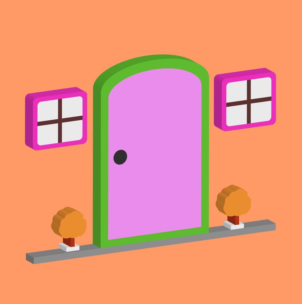 Vektor 3d Wohnkultur Tür und Fenster, Bonbonfarben, isolierter orangefarbener Hintergrund. am besten für Ihre Tapete, Kulisse und andere