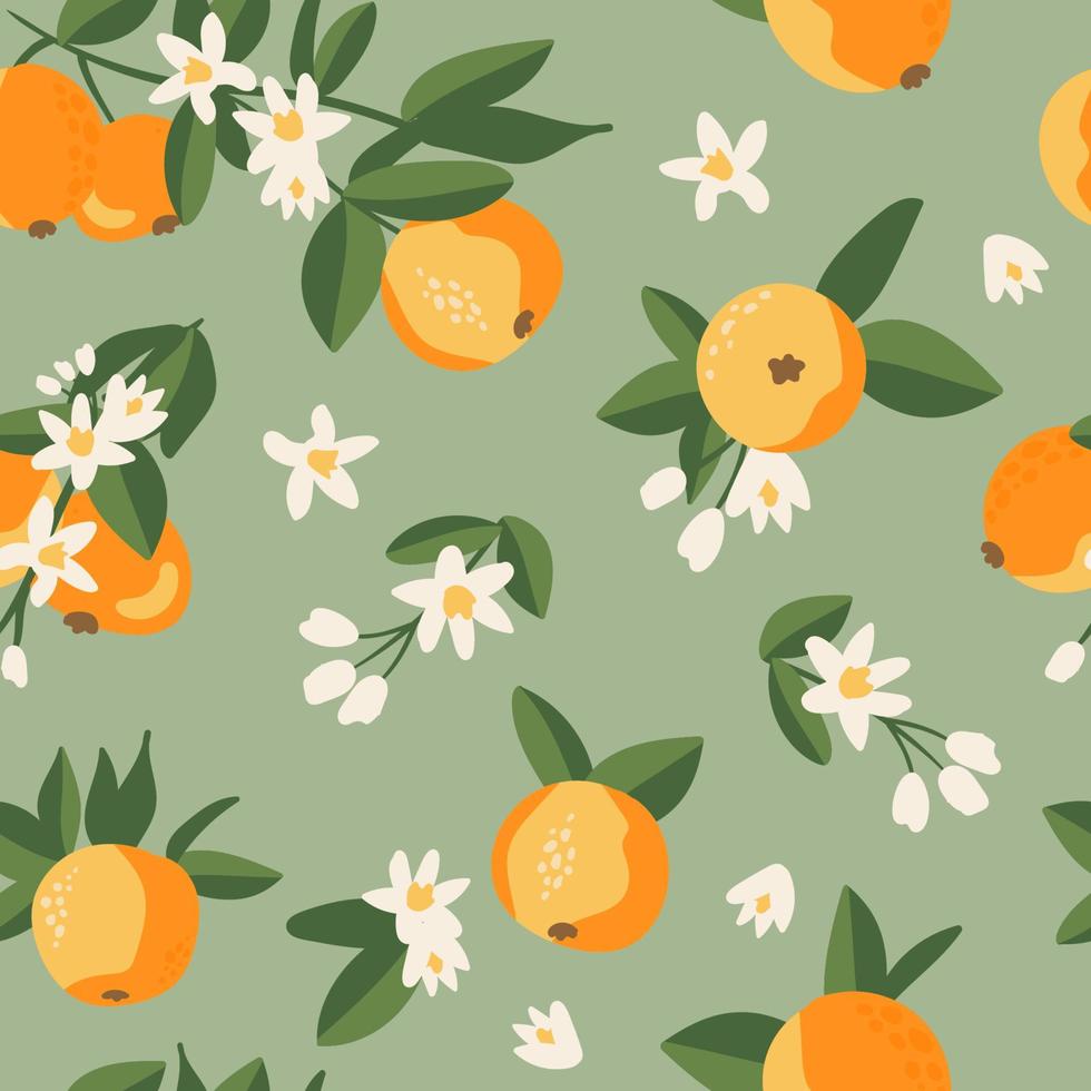 sommar tropiska sömlösa mönster med färgglada apelsiner och flowers.vector citrusfrukter bakgrund. modern exotisk blomdesign för papper, omslag, tyg, inredning och andra användare. vektor