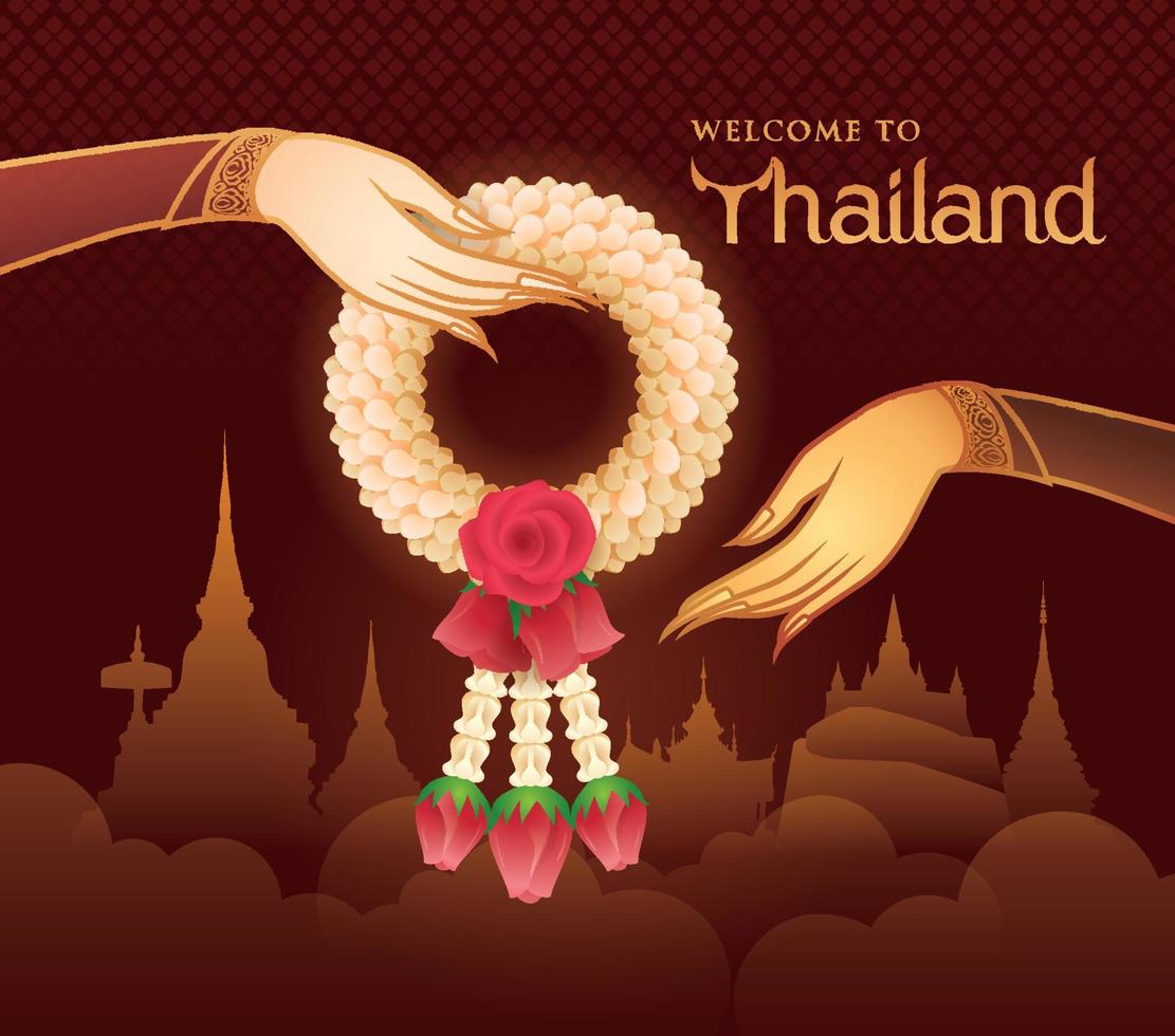 välkommen till thailand, thailändsk jasmin och rosor krans, illustration av thailändsk konst, guld hand som håller krans vektor