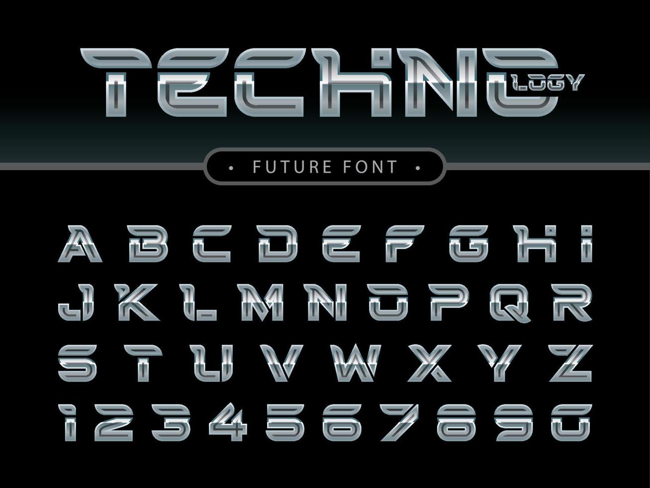 vektor aus futuristischen fetten alphabetbuchstaben und zahlen, zukünftige techno-stilisierte buchstabenschriften