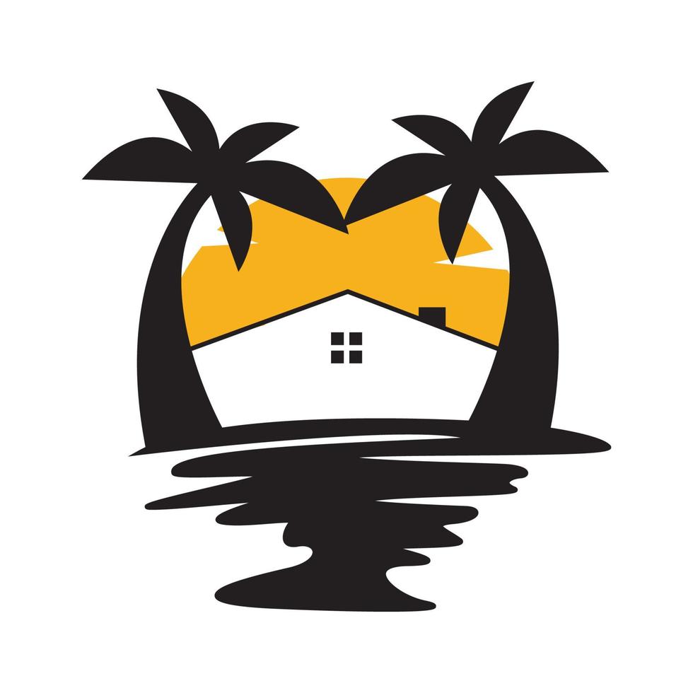 vintage kokospalmer med hem och solnedgång logotyp design vektor grafisk symbol ikon tecken illustration kreativ idé