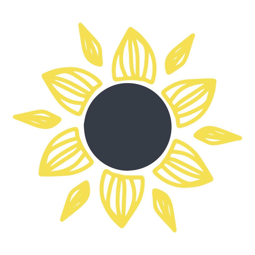 gelbe sommerblume, sonnige blume, sonnenblumensilhouette im flachen stil, karikaturillustration, symbol auf isoliertem weißem hintergrund, vektorillustration, druck vektor