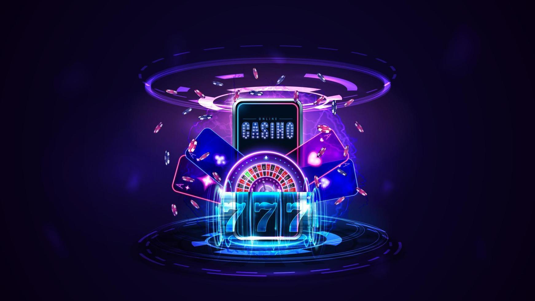 online-casino, banner mit smartphone, glänzendes neon-casino-rouletterad, spielkarten, blauer neon-glanz-spielautomat und pokerchips in dunkler szene mit hologramm digitaler ringe vektor