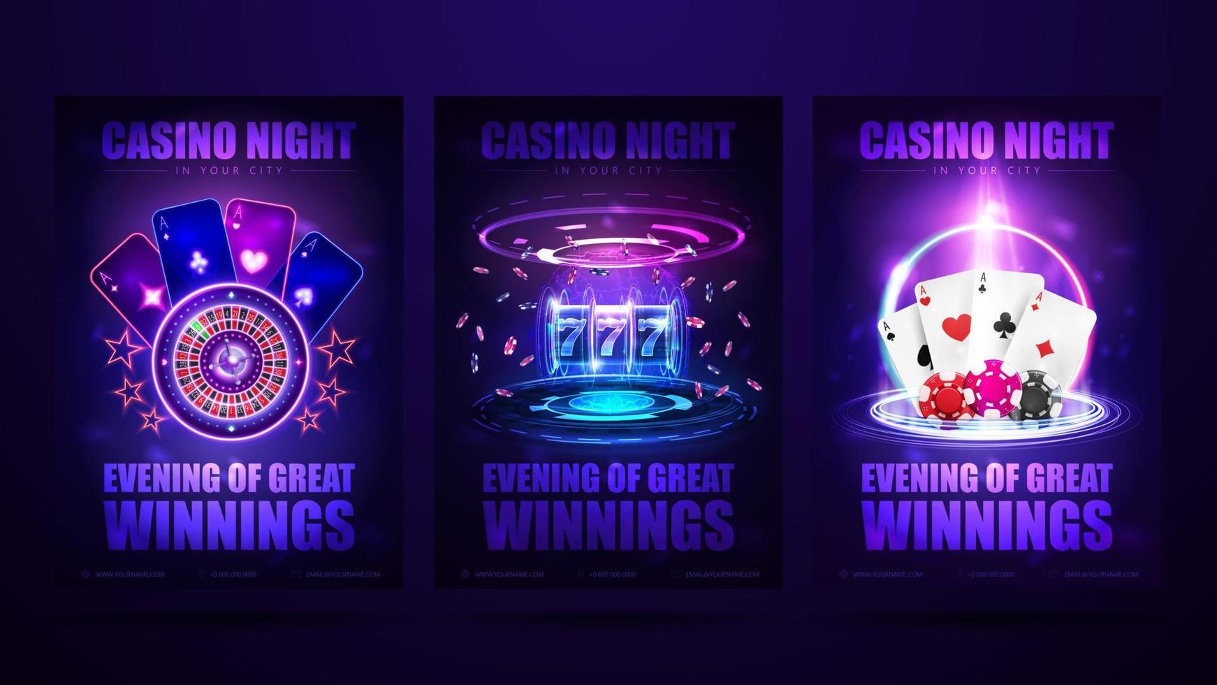 casino night, satz einladungsplakate mit neon-casino-elementen. Poster mit digitalem Hologramm von Spielautomaten, Casino-Roulette-Rad, Spielkarten und Pokerchips vektor