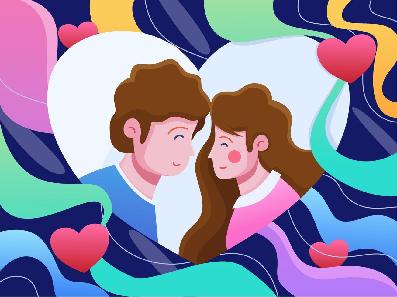 Alla hjärtans dag illustration med ett lyckligt par. platt illustration av ett ungt par i kärlek. färgglada romantiska alla hjärtans illustration. kan användas för gratulationskort, vykort, animationer, etc vektor