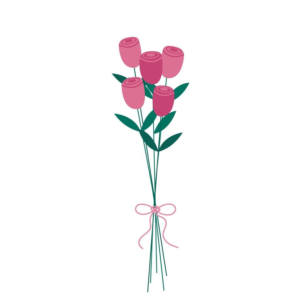 Rosenstrauß mit Schleife isoliert. Strauß rosafarbener frischer Blumen. flache vektorillustration vektor