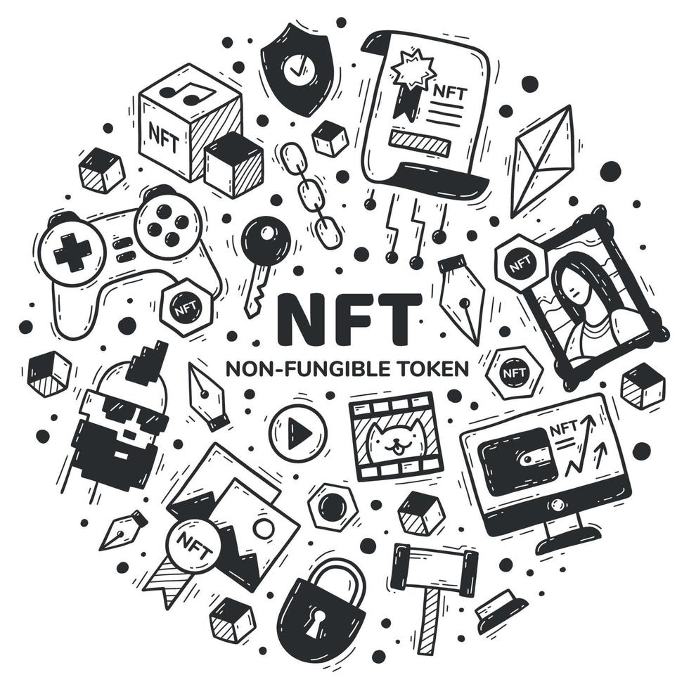 nft nicht fungibler Token-Satz von Vektorsymbolen im Doodle-Stil. Kryptowährung und Blockchain-Technologie beim Kauf von Kunst, Gemälden, Musik und Videos. handgezeichnetes kreisförmiges konzept. vektor