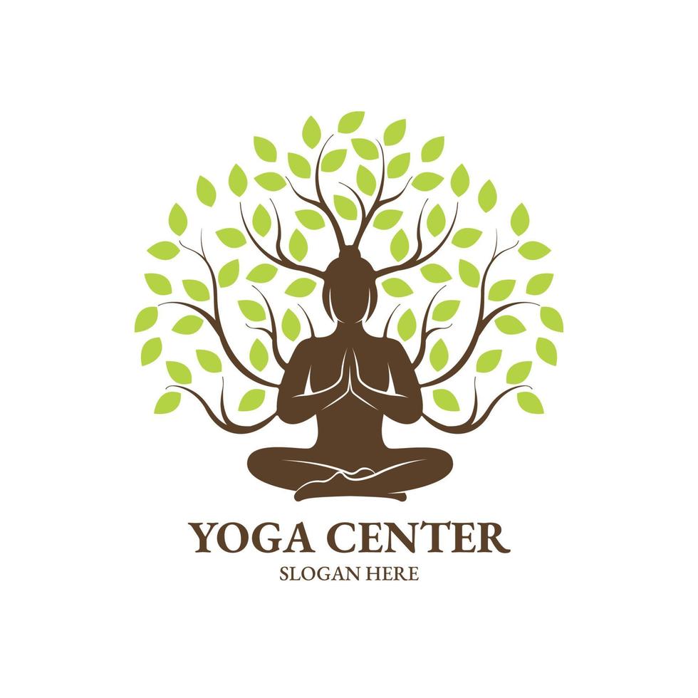 Yoga-Pose mit Blätter-Logo-Design vektor