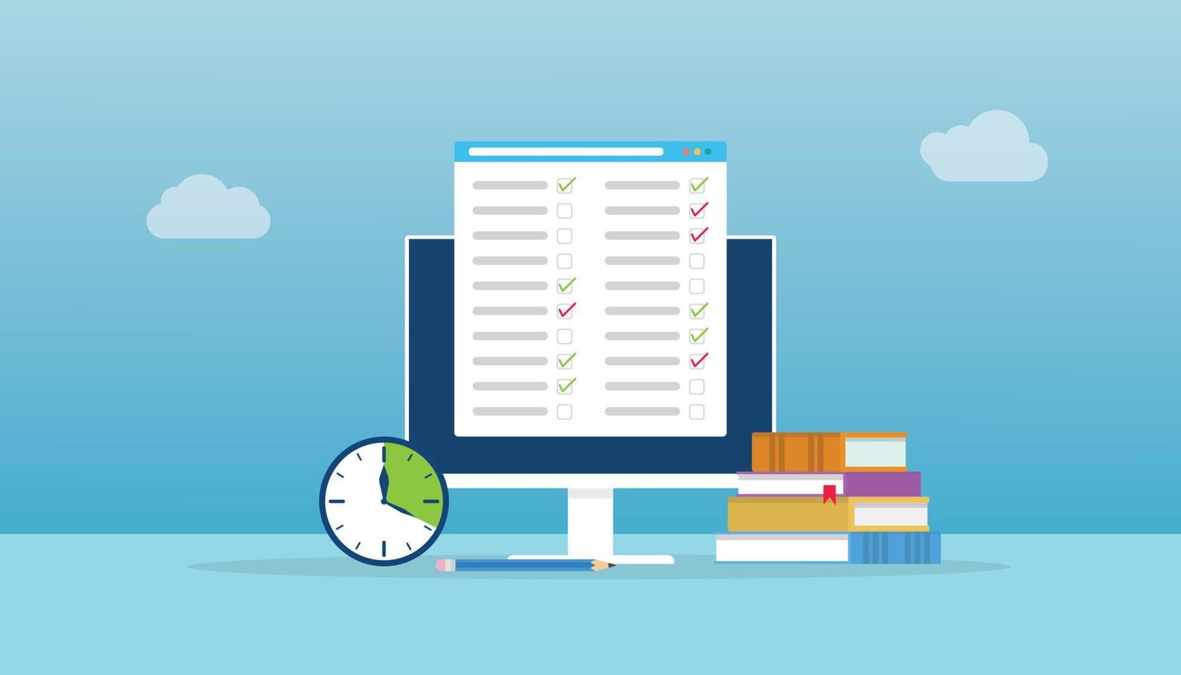 online testkoncept med dator- och pappersfyllningstest och böcker med modern platt stil vektor