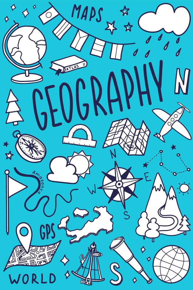 Symbole für Geographie-Symbole gesetzt. Schulfachgestaltung. Bildungsskizze im Doodle-Stil. studie, wissenschaftskonzept. zurück zum schulhintergrund für notizbuch, skizzenbuch. vektor