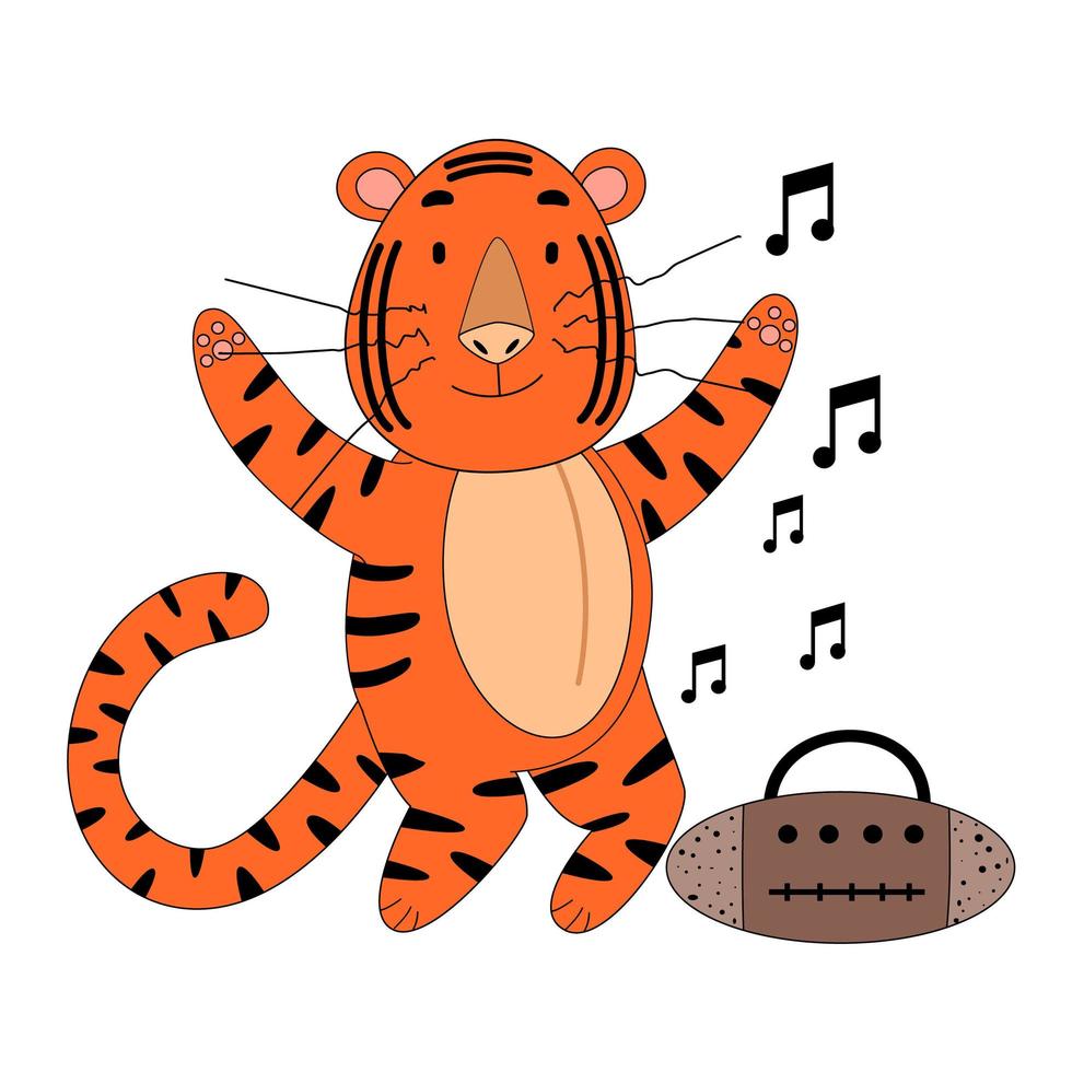 Der Tiger tanzt zur Musik, ein süßes Tier. die idee einer figur für eine grußkarte, ein kinderwandbild. vektor